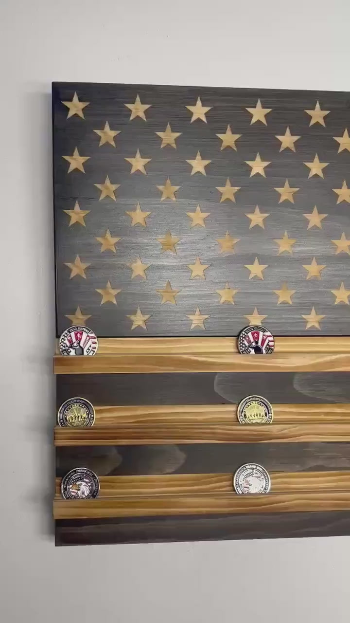 Unique Handcrafted Wooden American Flag Challenge Coin Display Rack Holder, Firefighter, Police, Military, Rustic Patriotic 36x19"
