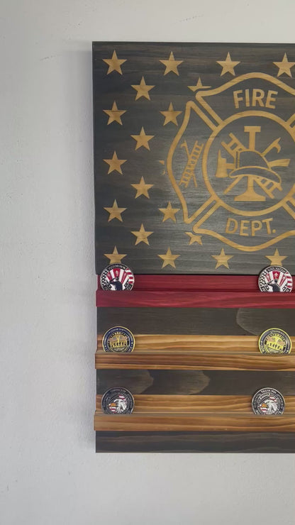 Wooden American Flag Challenge Coin Display 37x19" (Fire Department)