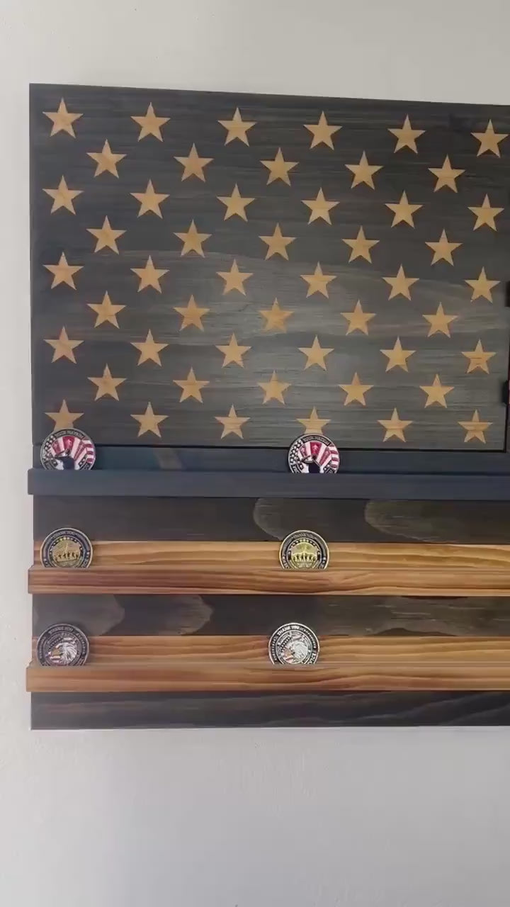 Unique Handcrafted Wooden American Flag Challenge Coin Display With Thin Blue Stripe, Rustic Patriotic, Police Officer Gift, 36x19"