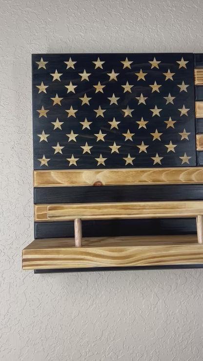 Rustic Wooden American Flag Liquor Shelf - Wine Rack - Trophy Case 37x19" (Black/White)
