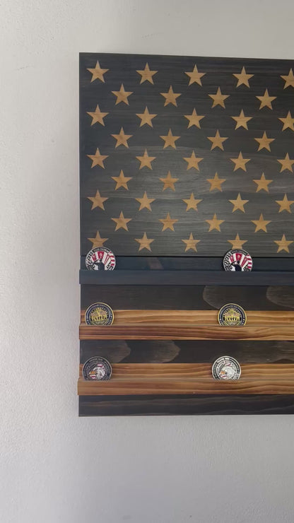 Wooden American Flag Challenge Coin Display 37x19" (Thin Blue Line)